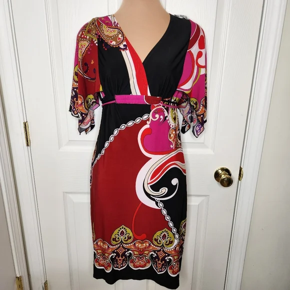Carole Little Flutter Sleeve Midi Dress Paisley Size 4 Red Black Pink White - Picture 1 of 8